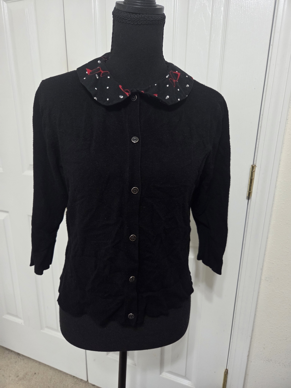 Black Button-Front Women’s Top with Polka Dot & Red Sunglass Design Collar